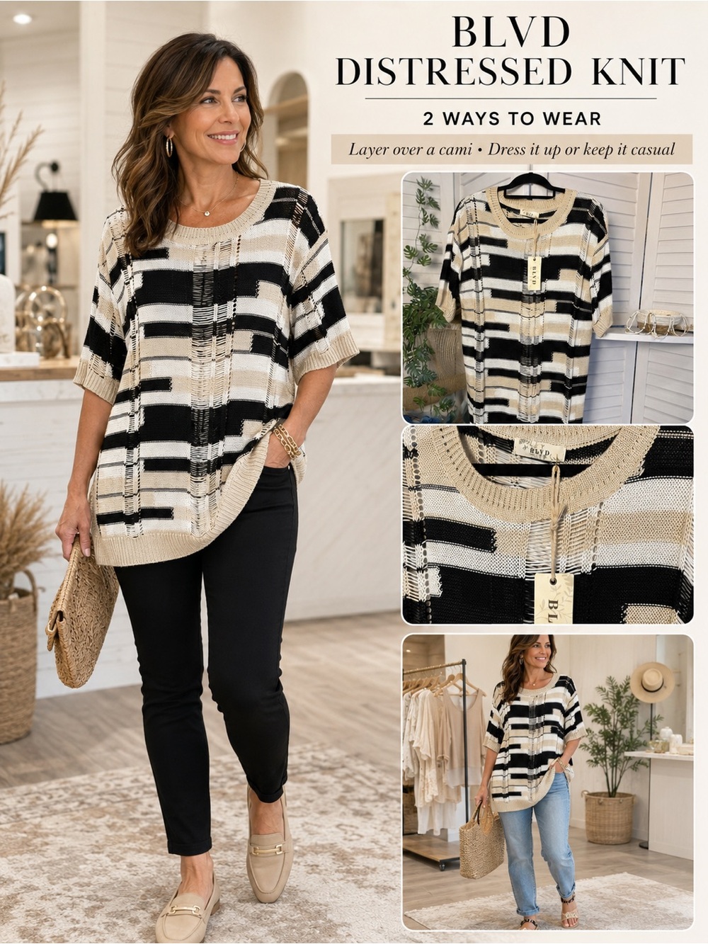 BLVD Striped Distressed Knit Tunic in Black & Cream
